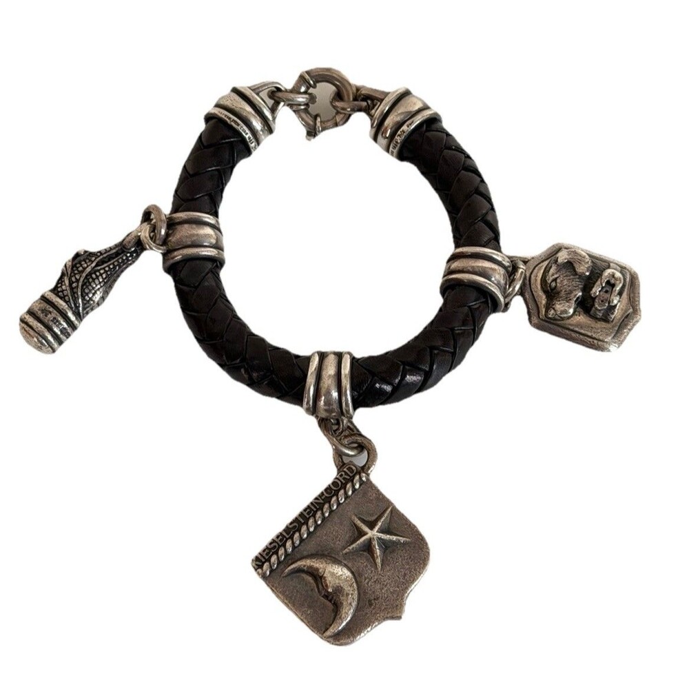 Kieselstein-Cord 925 Silver Star Moon Dog Alligator Leather Charm Bracelet VTG